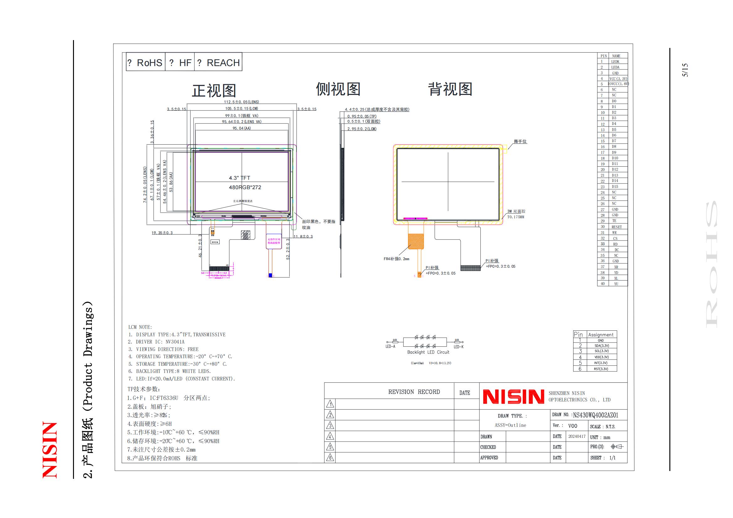 4.3寸 显示模组